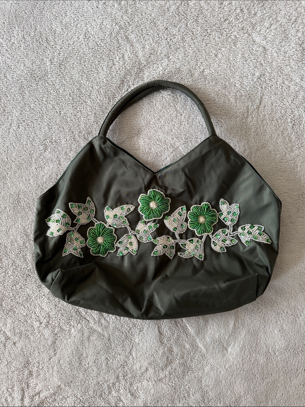 Vintage Olive Green Satin Beaded Floral Shoulder Bag | Embellished Evening Purse